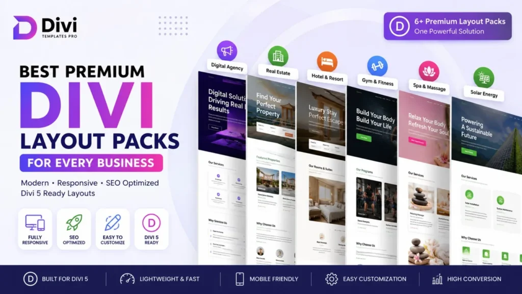 Best Premium Divi Layout Packs for Business Websites featuring responsive Divi 5 website templates for digital agencies, hotels, real estate, fitness, spa, and solar energy websites.
